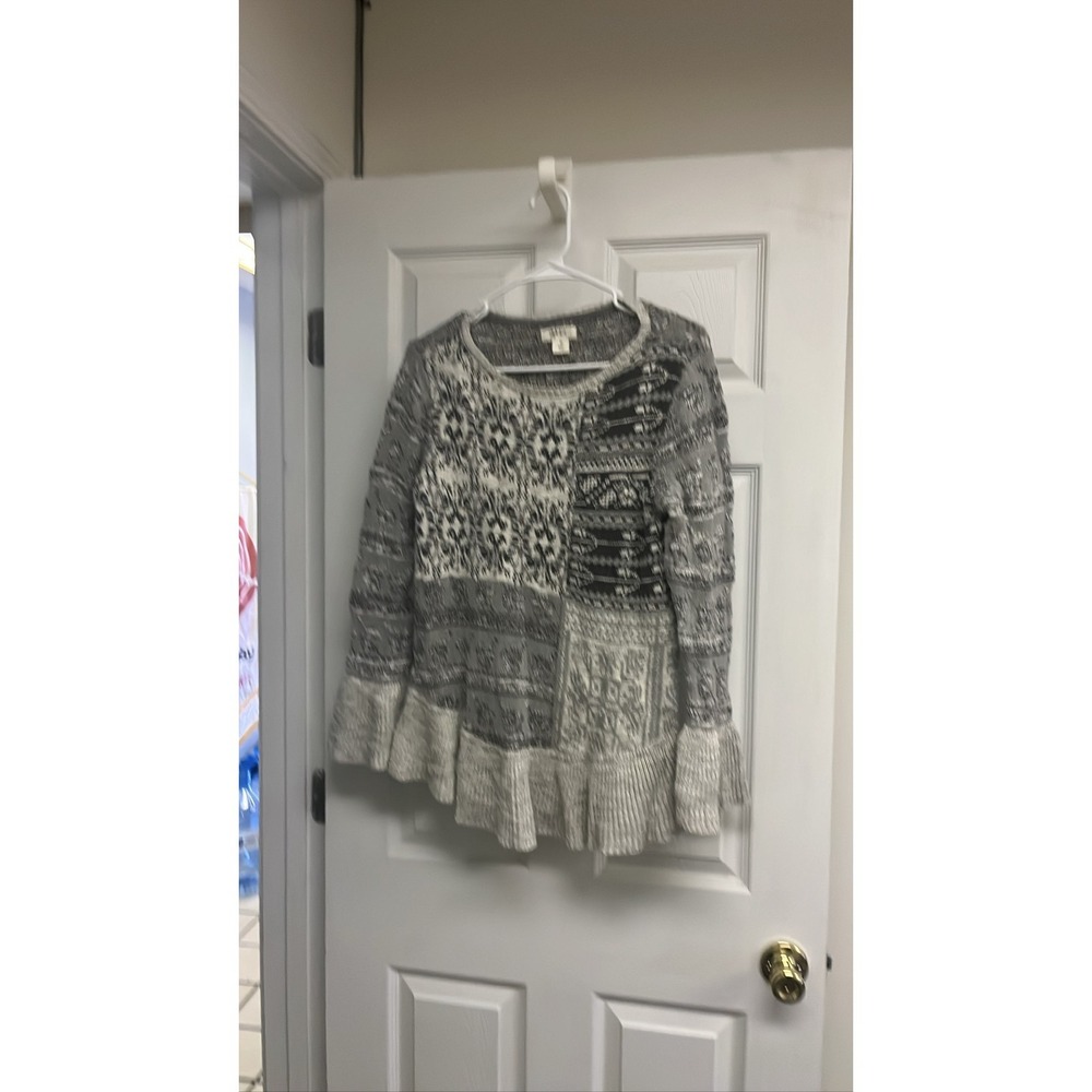 Style & Co Womens Gray White Patchwork Knit Tunic Sweater Ruffled‎ Hem Sz M